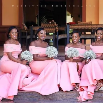 Blush Pink Afrikos Ilgai Bridesmaid Dresses Bateau Kaklo Undinė Aplikacijos Vestuvių Svečių Tarnaitė Garbės Suknelė vestido longo
