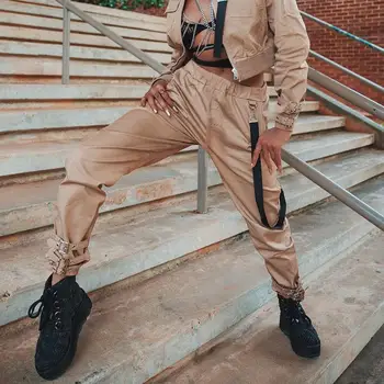 Chaki Juoda Aukšto Juosmens Krovinių Kelnės Moterims Kišenės Prarasti Streetwear Pieštuku Kelnes 2019 Mados Hip-Hop moteriškos Kelnės SJ831C
