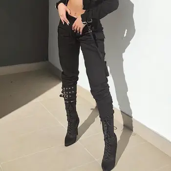 Chaki Juoda Aukšto Juosmens Krovinių Kelnės Moterims Kišenės Prarasti Streetwear Pieštuku Kelnes 2019 Mados Hip-Hop moteriškos Kelnės SJ831C