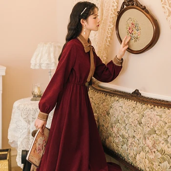 COIGARSAM prancūzų Stilius Visiškai Rankovės Moterų suknelė Vintage Suknelės Raudona Juoda 1220