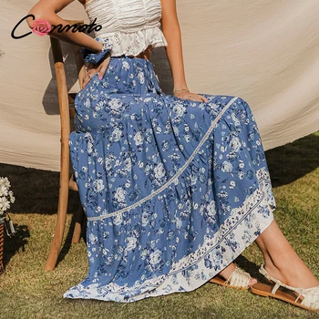 Conmoto Susiėmę derliaus sijonai ponios Causel elegantiškas gėlių sijonas Moterims atostogų spausdinti ilgi sijonai, moteriškos Pavasario vasaros paplūdimio