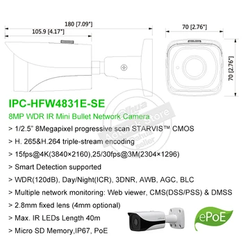 Dahua originalus DH-IPC-HFW4831E-SE 8MP 4K Mini Tinklo IP Kameros VAIZDO lauko kamera IR 40M sd kortelę IP67 POE pakeisti IPC-HFW4830E-S