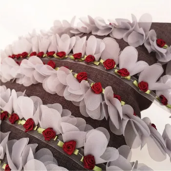 Derliaus 3D Raudona Rožė Šifono Nėrinių Apdaila Pilkos spalvos Nėrinių Juostele 5-6cm Pločio Gėlių Nėrinių Priedai
