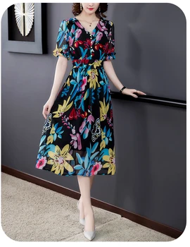 Derliaus Spausdinimo Suknelė Moteriška Vasaros 2020 Naujas Mados V-Kaklo Trumpomis Rankovėmis Šifono, Elegantiškas Prarasti Holiday Beach Vidurio Blauzdos Suknelė