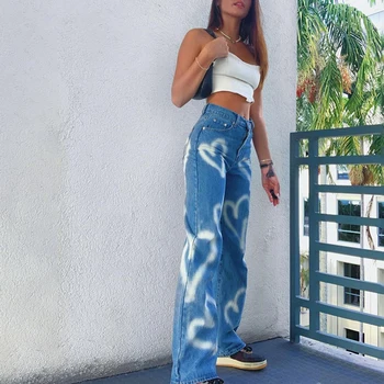 Derliaus Širdies Spausdinti Y2K Baggy Jeans Moterų Aukšto Juosmens Harajuku Estetinės Mama Džinsus, Džinsinį audinį Streetwear 90s Kelnės