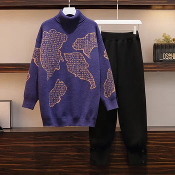 Didelio Dydžio Moteriški Žieminiai Nauji Haroun Juodos Kelnės Megztinis Prarasti Violetinis Megztinis Sesuo Twinset Trikotažas 2 Vnt. Nustatyti, Laisvalaikio Kostiumas