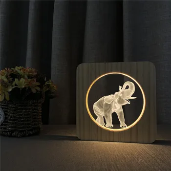 Dramblys Gyvūnų 3D LED Arylic Mediniai Naktį Lempos Lentelė Šviesos Jungiklis Kontrolės Drožyba Lempos Vaikų Kambario Dekoracija Dovanos