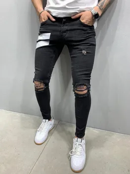 Dryžuotas Kankina Džinsai Vyrų 2020 M. Visiškai Naujas Sunaikinta Skylę Dviratininkas Džinsinio Audinio Kelnės Kelnės Slim Fit Hip-Hop Pieštuku Kelnes Pantalon Pilka