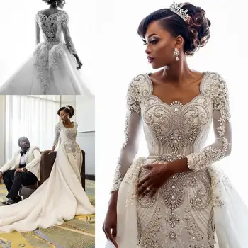 Duobute Afrikos Vestuvių Suknelės Kristalai Overskirts Prabanga Ilgomis Rankovėmis Apvalkalas Nuimamas Traukinio Vestuvinės Suknelės Užsakymą 2021