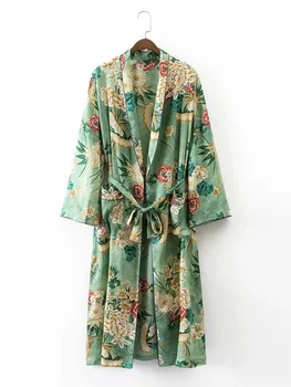 Dviejų dalių moterų kostiumas moterų mados šventė stilius atsitiktinis gėlių spausdinti kimono prarasti pižama kailis +Platus kojų kelnes, kelnės, kombinezonas