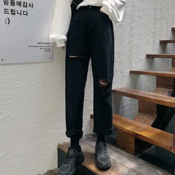 Džinsai Moterims Džinsinio Skylę Užtrauktukas Kišenės Mygtuką Prarasti Tiesiai Atsitiktinis Kelnės Korėjos Madinga Retro Harajuku Kasdien Moteriški Streetwear