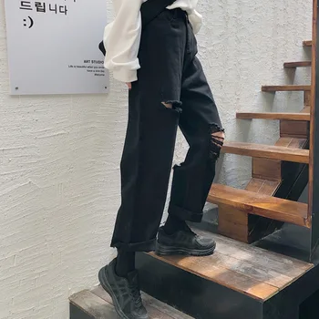 Džinsai Moterims Džinsinio Skylę Užtrauktukas Kišenės Mygtuką Prarasti Tiesiai Atsitiktinis Kelnės Korėjos Madinga Retro Harajuku Kasdien Moteriški Streetwear