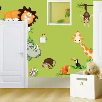 Džiunglėse-Laukinių Gyvūnų Nuimamas Siena Lipdukas Lipdukai vaiko Kambarys Vaikams, Cartoon Lipnios Gyvūnų Lipdukai