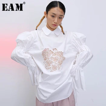 [EAM] Moterys, Baltos Modelis Tuščiaviduriai Iš didelio Dydžio Palaidinė Naujas Atvartas Sluoksniuotos Rankovėmis Loose Fit Marškinėliai Mados Banga Pavasario Rudens 2021 1T915