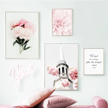 Elegantiška Rožinės spalvos Gėlių Paveikslai Tapyba Pastato Kėdė Durų Plakatas Šiaurės Tapetai Namų Miegamojo Dekoravimo Menas Spausdinti Nuotrauką