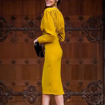 Elegantiškas, darbo drabužiai Suknelės Ponios Geltona Long Sleeve V-kaklo Ruched Office Suknelės