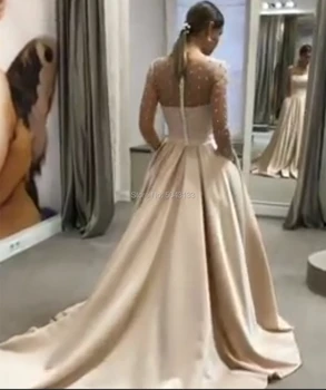 Elegantiškas Satino Šampano Nuotaka Vestuvių Suknelės su Perlų Karoliukai 2020 M Sexy Vien Samtelis Kaklo, ilgomis Rankovėmis Vestuvinės Suknelės su Kišenėmis