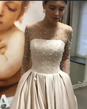 Elegantiškas Satino Šampano Nuotaka Vestuvių Suknelės su Perlų Karoliukai 2020 M Sexy Vien Samtelis Kaklo, ilgomis Rankovėmis Vestuvinės Suknelės su Kišenėmis