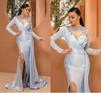 Elegantiškas Sky Blue Undinė Vakaro Suknelės Moterims Ilgomis Rankovėmis Pusėje Ritininės Nėriniais, Karoliukais Mados Oficialią Šalies Dėvėti Satino Prom Dress