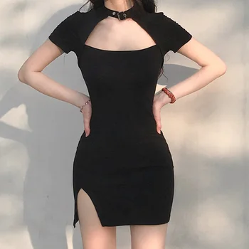 Elegantiškos Gotikos cut-Suknelė iš moterų Retro tamsiai Trumpas Rankovės Kaklo Pluoštas Mados Vestidos Bodycon Suknelės Slim Šalies Klubas 2020 M. Rudenį