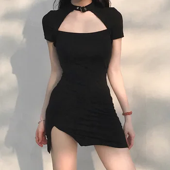 Elegantiškos Gotikos cut-Suknelė iš moterų Retro tamsiai Trumpas Rankovės Kaklo Pluoštas Mados Vestidos Bodycon Suknelės Slim Šalies Klubas 2020 M. Rudenį