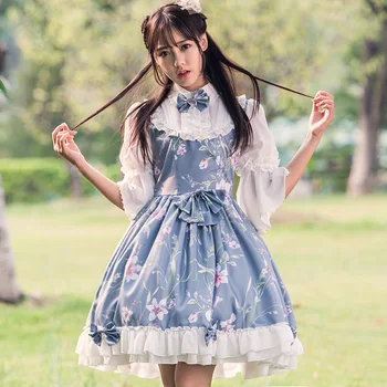 Elf Princesė Lolita Dress Mados Spausdinimo Linų Bowknot Apdailos Blyksnius Rankovės Kelio ilgis Suknelės Vestidos Cosplay Kostiumai