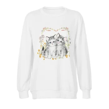Europoje Ir Amerikoje Streetwear Megztinis Mados Moterų Viršūnių Animacinių filmų Cute Kačių Spausdinti Drabužius ilgomis Rankovėmis Laisvus Marškinėlius Ponios 2020 m.
