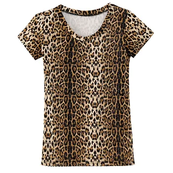 Europos Vasaros Sexy V Kaklo Moterų Leopardas Spausdinti Trumpas Rankovės Marškinėliai Slim Fit Tampri Moterų Naktinis Klubas Atsitiktinis Viršūnes Tees 3XL
