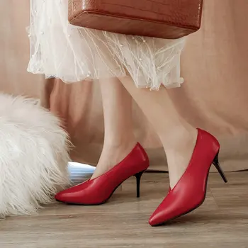 Fanyuan naujas paprasto raudona juoda V iškirpti dizaino, prekinio ženklo moteris plonas aukštakulnius moterys šalis vestuvių siurbliai, ponios batai didelio dydžio 45 46