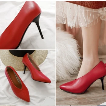 Fanyuan naujas paprasto raudona juoda V iškirpti dizaino, prekinio ženklo moteris plonas aukštakulnius moterys šalis vestuvių siurbliai, ponios batai didelio dydžio 45 46