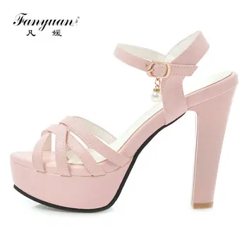 Fanyuan Naujas vasaros mados ponios batai sagtis elegantiškas platforma, storas kulnas moterų aukštakulniai sandalai didelis dydis 34-43