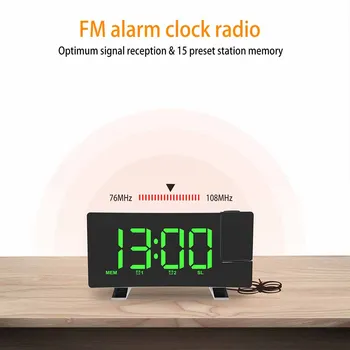 FM Radijo Projection Alarm Clock USB Įkrovimo Lenktas Ekranas Žadintuvas Stalo, LED Laikrodžių, Elektroninių Skaitmeninių Šviesos, Miego Laikmatis