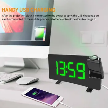 FM Radijo Projection Alarm Clock USB Įkrovimo Lenktas Ekranas Žadintuvas Stalo, LED Laikrodžių, Elektroninių Skaitmeninių Šviesos, Miego Laikmatis