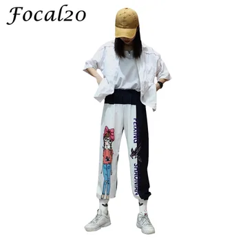 Focal20 Streetwear Nukentėjo Spalva Laiškas Spausdinti Moterų Kelnes Elastinga Juosmens Mergina Spausdinti Kelnes Visas Ilgis Laisvas Kelnes Kelnės