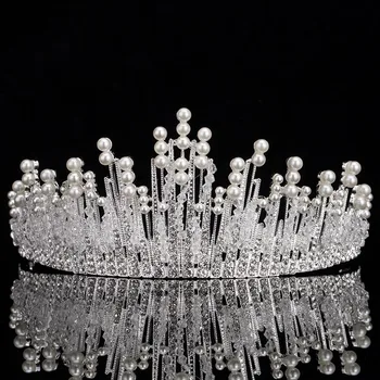 FORSEVEN Imituojamas Pearl Crystal Crown Tiara Kaspinai Moterų Nuotaka Noiva Vestuves Plaukų Papuošalai, Aksesuarai Headpieces