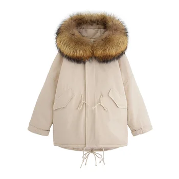 Gamtos Meškėnas Kailių 2021 moterų žiemos striukė, šiltas storas žemyn medvilnė paminkštinimas kailio paltas moteriška campera parko mujer LX2102