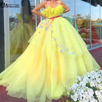 Geltonos spalvos Elegantiškas Brangioji Kaklo Prom Dresses Ilgai Reljefiniai Plunksnų 3d Gėlių Kamuolys Promenadzie Suknelė Vestidos De Gala