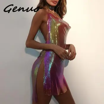 Genuo Seksualus apynasrio mini suknelės moteris vakarėlis Vasaros Seksualus klubas blizgučiai Giliai V Kaklo Backless Metalo Paplūdimio suknelė moteris 2020 m.