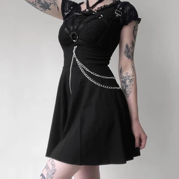 Gothic Punk Aukšto Juosmens Petnešos Suknelė Moterims Streetwear Naujas Mados Slim Juoda Mini Suknelė Su Užtrauktuku Palace Tamsiai Dirželis Suknelė Rudenį