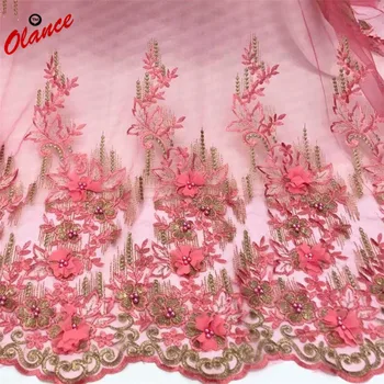 Gražus, rožinės spalvos žiedai ir aukso vynuogynų modelis Tiulio Nėrinių audinio suknelė su karoliukais AF4 pigiai prancūzijos Ju Nėrinių Audinys