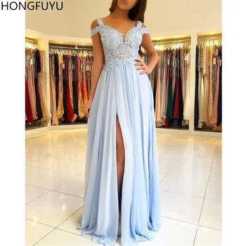 HONGFUYU Šifono Dangus Mėlynas Prom Dresses Off Peties Aplikacijos Linija Padalinta Vakare ypatinga Proga-Suknelė Ilgai vestidos de baile
