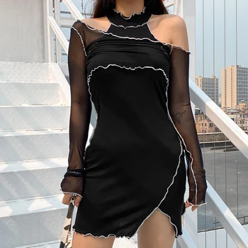 IAMSURE 2020 m. Rudens Mados Streetwear Kratinys ilgomis Rankovėmis Suknelė Moterims Seksualus Šalies Clubwear Padalinta Bodycon Mini Suknelė Moteris