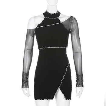 IAMSURE 2020 m. Rudens Mados Streetwear Kratinys ilgomis Rankovėmis Suknelė Moterims Seksualus Šalies Clubwear Padalinta Bodycon Mini Suknelė Moteris
