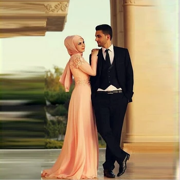 Ilgomis rankovėmis koralų vakare chalatai arabų Stiliaus Musulmonų aukštos apykaklės nėrinių appliques hijab šifono vakaro Suknelė m.