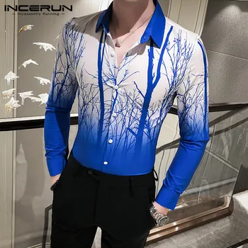 INCERUN Mados Vyrų Marškinėliai Gradientas Spausdinti Streetwear Kaklaraištis Dažų Viršūnes Camisas Atvartas 2021 ilgomis Rankovėmis Britų Stiliaus Suknelė Marškiniai Vyrai