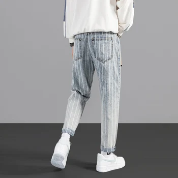 Japonijos Vintage Mados Vyrai Džinsai Retro Šviesiai Mėlyna Juostele Kankina Džinsinio Audinio Kelnės Streetwear Dizaineris Kratinys Haremo Kelnės Homme