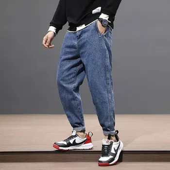 Japonų Stiliaus Mados, Vyrų Džinsai Mėlyna Loose Fit Džinsai Haremo Kelnės Derliaus Dizaineris Pieštuku Kelnes Streetwear Hip-Hop Džinsai Vyrams