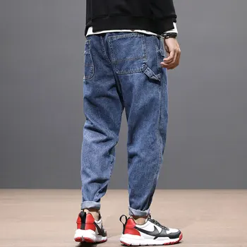 Japonų Stiliaus Mados, Vyrų Džinsai Mėlyna Loose Fit Džinsai Haremo Kelnės Derliaus Dizaineris Pieštuku Kelnes Streetwear Hip-Hop Džinsai Vyrams