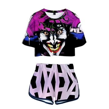 Joker 3D Spausdinimo 2 Gabalas Komplektai Moterų Pasėlių Viršuje Sekti Pavyzdžiu Dviejų dalių Komplektas Viršų ir Šortai, Nustatyti Moteriški sportiniai Kostiumai Hip-Hop Drabužiai