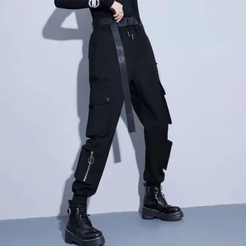 Juoda Sweatpants Korėjos Punk Krovinių Kelnės Moterims Aukšto Juosmens Hip-Hop Kelnės Atsitiktinis Juostelės Poilsiu Baggy Kelnės Mujer Pantalones